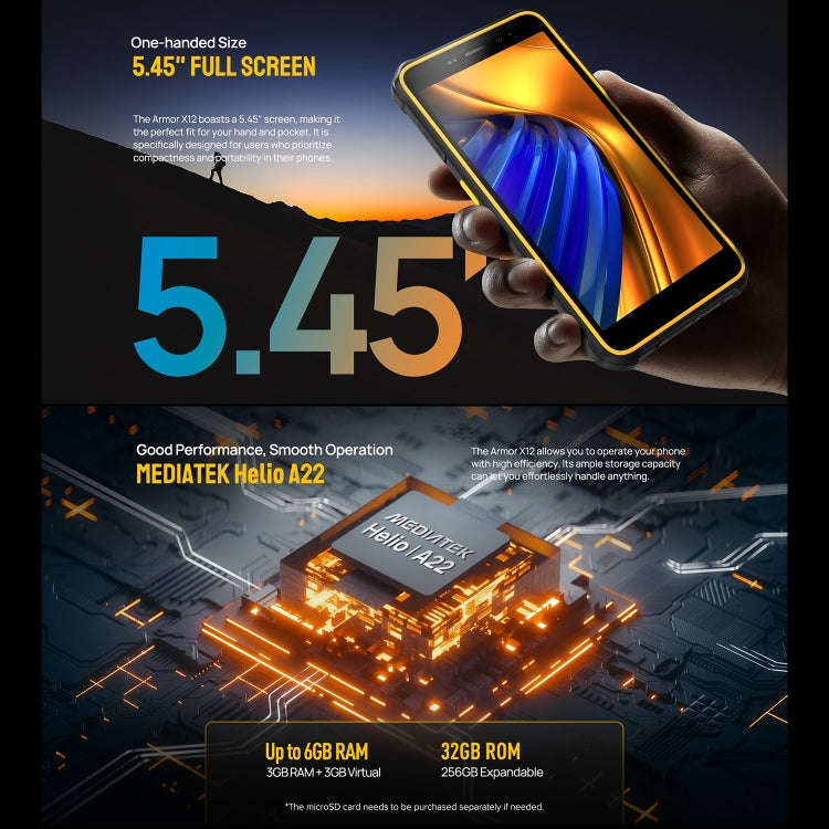 Teléfono robusto Ulefone Armor X12 con desbloqueo facial, pantalla de 5,45 pulgadas, Android 13 Go, MediaTek Helio A22, 3 GB + 32 GB, NFC 4G
