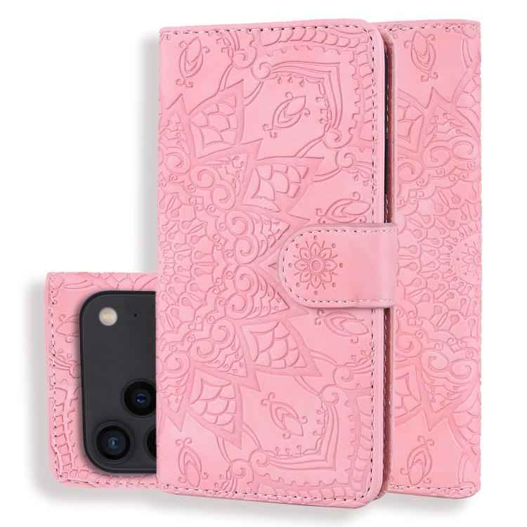 Mandala Embossed Dual-Fold Calf Leather Phone Case