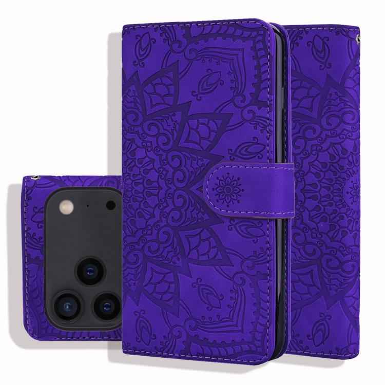 Mandala Embossed Dual-Fold Calf Leather Phone Case