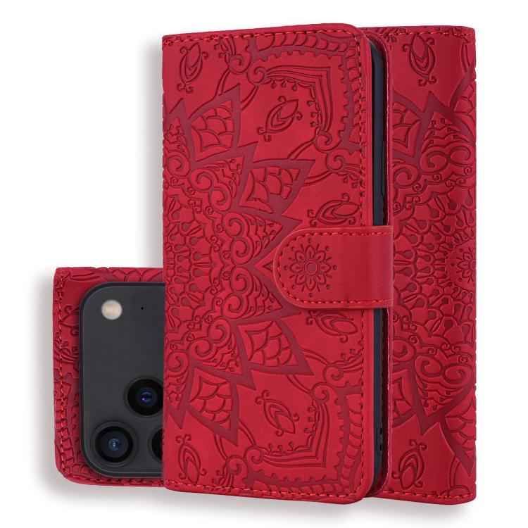 Mandala Embossed Dual-Fold Calf Leather Phone Case