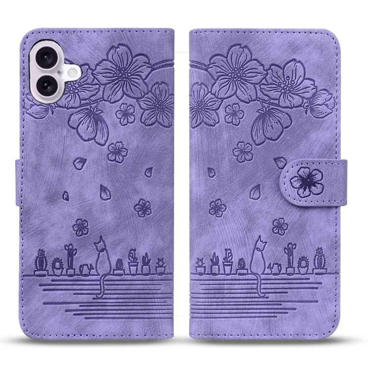 Cartoon Sakura Cat Embossed Leather Phone Case