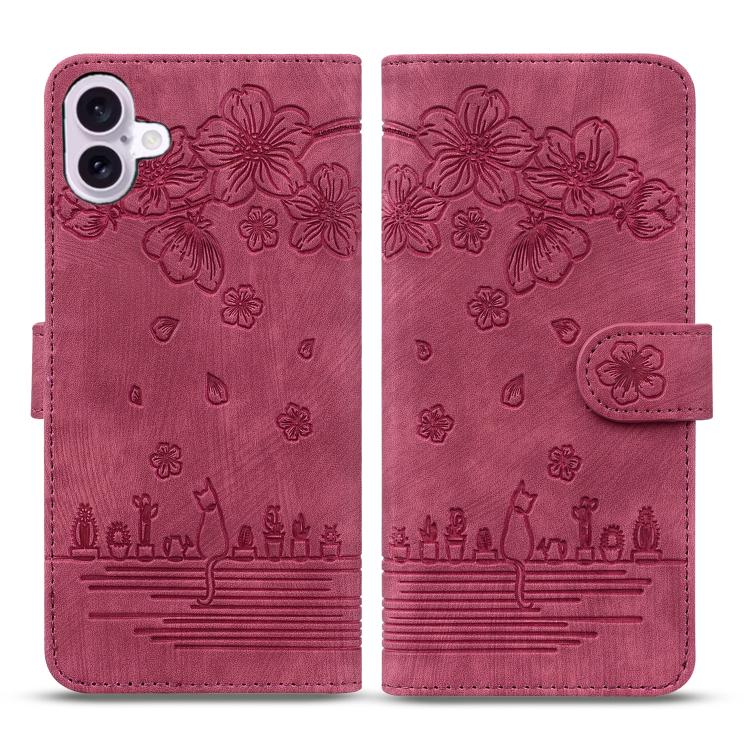 Cartoon Sakura Cat Embossed Leather Phone Case
