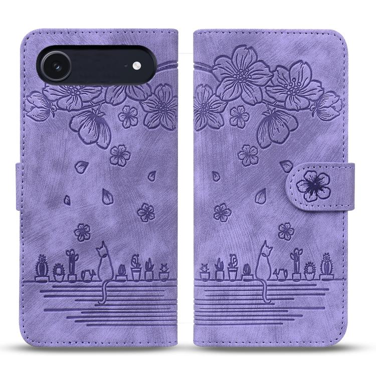 Cartoon Sakura Cat Embossed Leather Phone Case