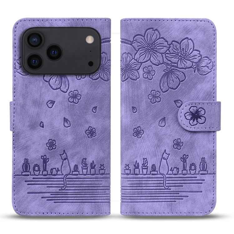 Cartoon Sakura Cat Embossed Leather Phone Case