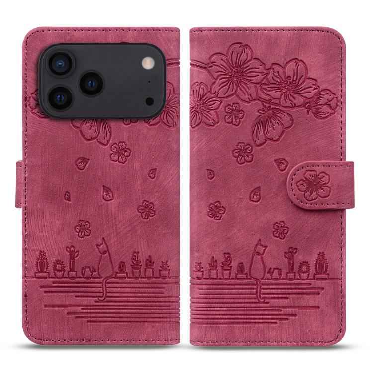 Cartoon Sakura Cat Embossed Leather Phone Case