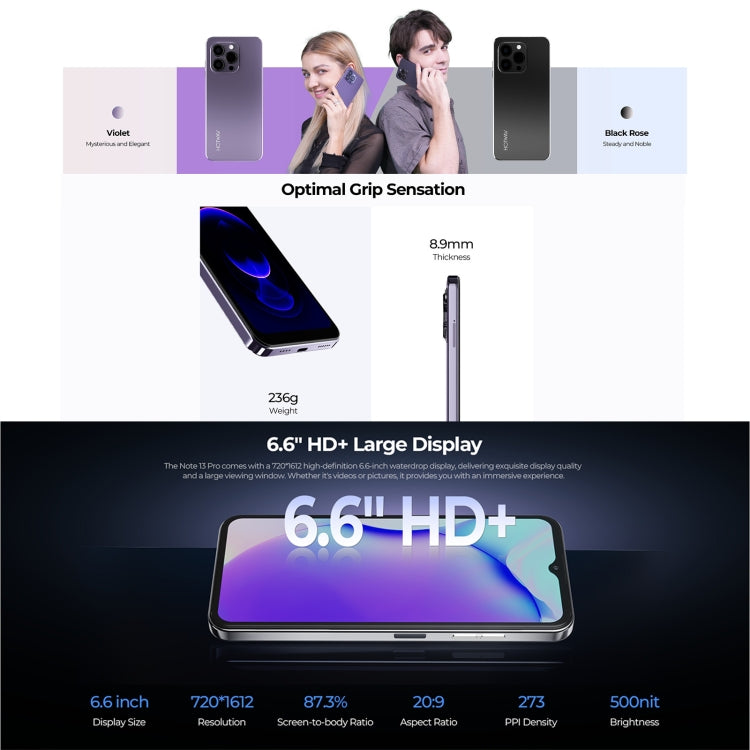 HOTWAV Note 13 Pro - 6.6 Inch Android 13 Smartphone, Octa Core T606 up to 1.6GHz, 8GB RAM, 256GB Storage, 4G Network, NFC, OTG, Side Fingerprint Identification