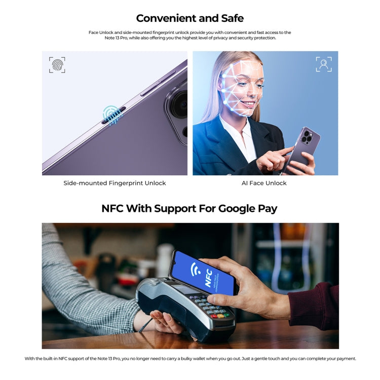 HOTWAV Note 13 Pro - 6.6 Inch Android 13 Smartphone, Octa Core T606 up to 1.6GHz, 8GB RAM, 256GB Storage, 4G Network, NFC, OTG, Side Fingerprint Identification