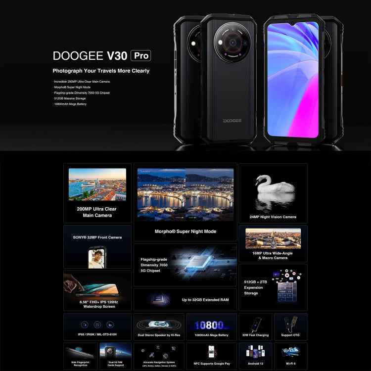 DOOGEE V30 Pro, 12GB+512GB, 200MP Camera, 10800mAh Battery, 6.58 inch Android 13 Dimensity 7050 , Support Google Pay