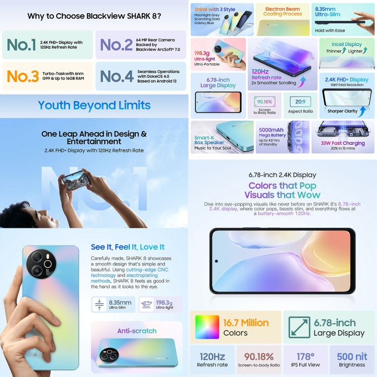 Blackview SHARK 8, Fingerprint Identification,8GB+256GB, 6.78 inch Android 13 MTK6789 Helio G99 Octa Core