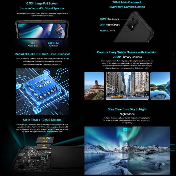 UMIDIGI BISON X20, 6GB+128GB, Face ID & Side Fingerprint Identification, 6.53 inch Android 13 MediaTek Helio P60