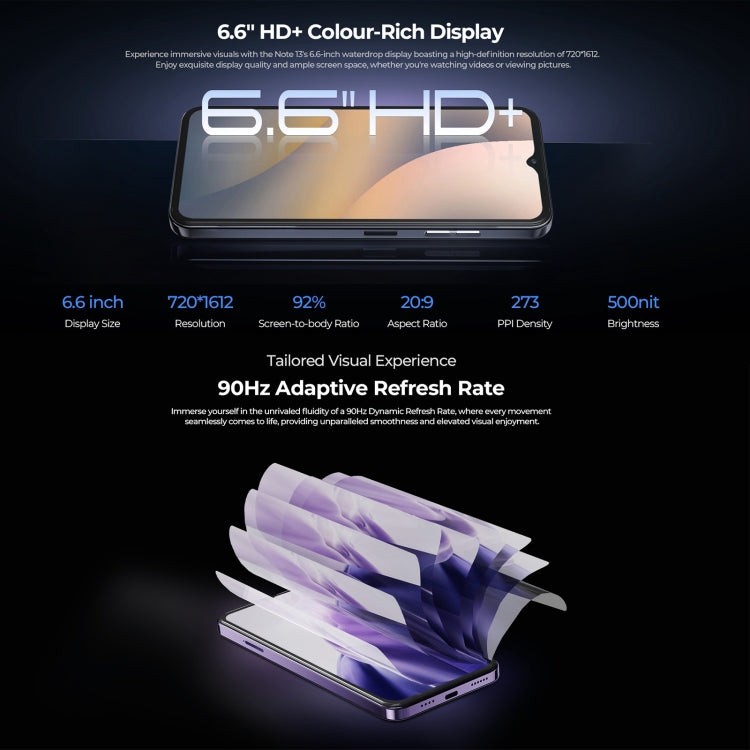 HOTWAV Note 13 - 6.6" Android 13, T606 Octa-Core, 4GB RAM + 128GB Storage, Side Fingerprint, 4G, NFC, OTG