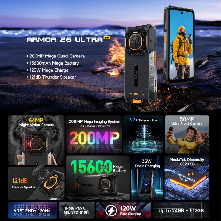 Ulefone Armor 26 Ultra Rugged Phone, 12GB+512GB, 6.78 inch Android 13 MediaTek Dimensity 8020 Octa Core
