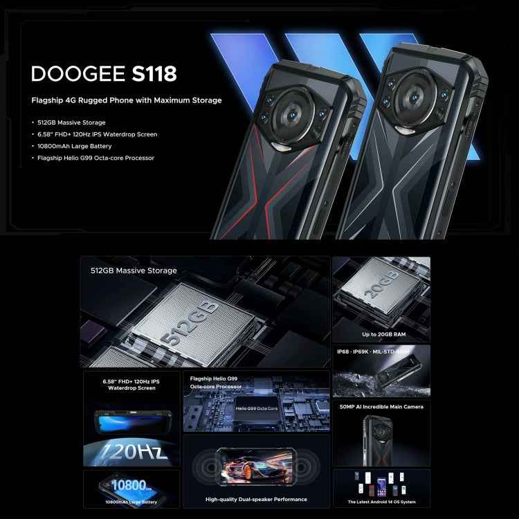 DOOGEE S118 Rugged Phone, 6.58 inch, 8GB+512GB, 10800mAh, Android 14 MediaTek Helio G99