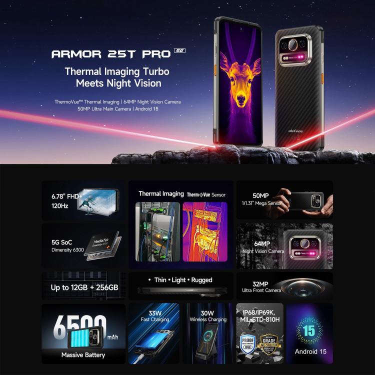 Teléfono robusto Ulefone Armor 25T Pro con imagen térmica, pantalla de 6,78 pulgadas, Android 14, MediaTek Dimensity 6300, red 5G, NFC