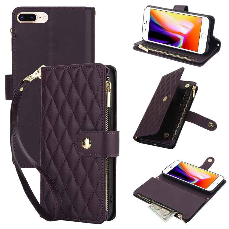 YM016 Rhombic Zipper Card Wallet Leather Phone Case with Lanyard