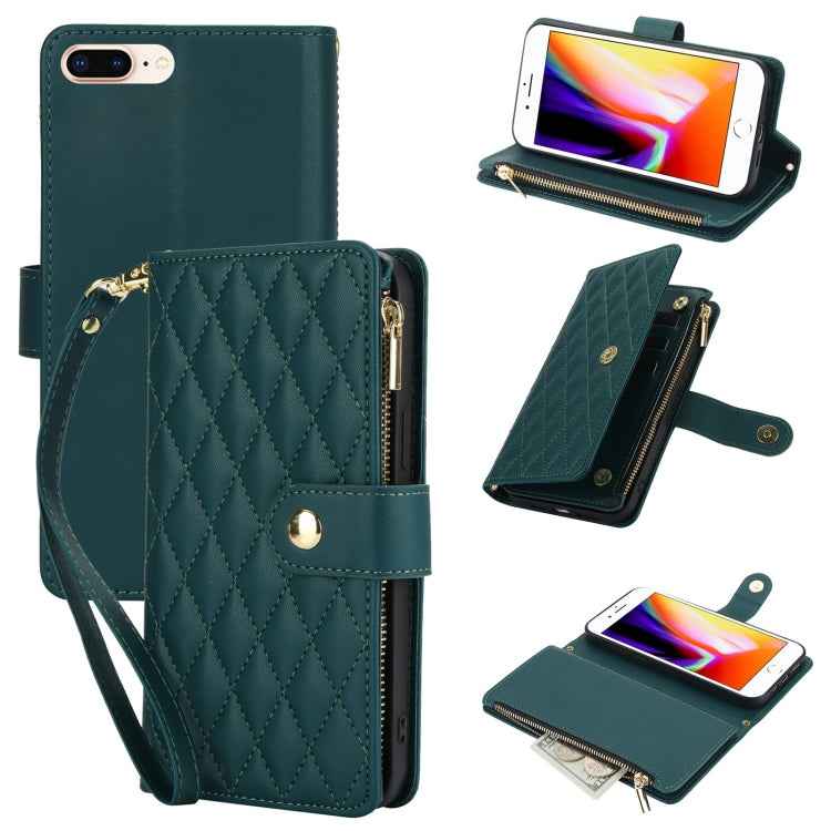 YM016 Rhombic Zipper Card Wallet Leather Phone Case with Lanyard
