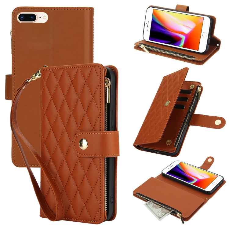 YM016 Rhombic Zipper Card Wallet Leather Phone Case with Lanyard