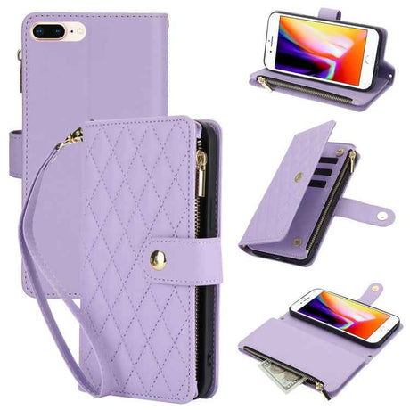 YM016 Rhombic Zipper Card Wallet Leather Phone Case with Lanyard
