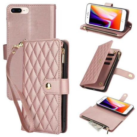 YM016 Rhombic Zipper Card Wallet Leather Phone Case with Lanyard