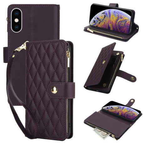 YM016 Rhombic Zipper Card Wallet Leather Phone Case with Lanyard