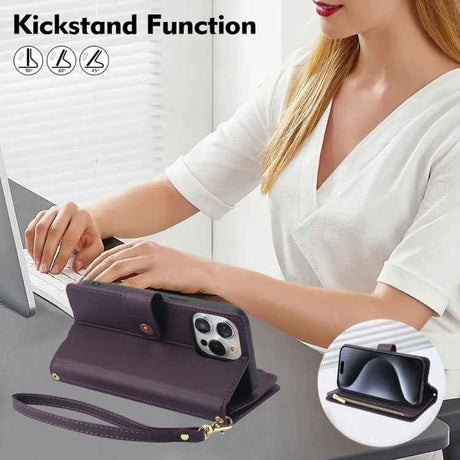 YM016 Rhombic Zipper Card Wallet Leather Phone Case with Lanyard