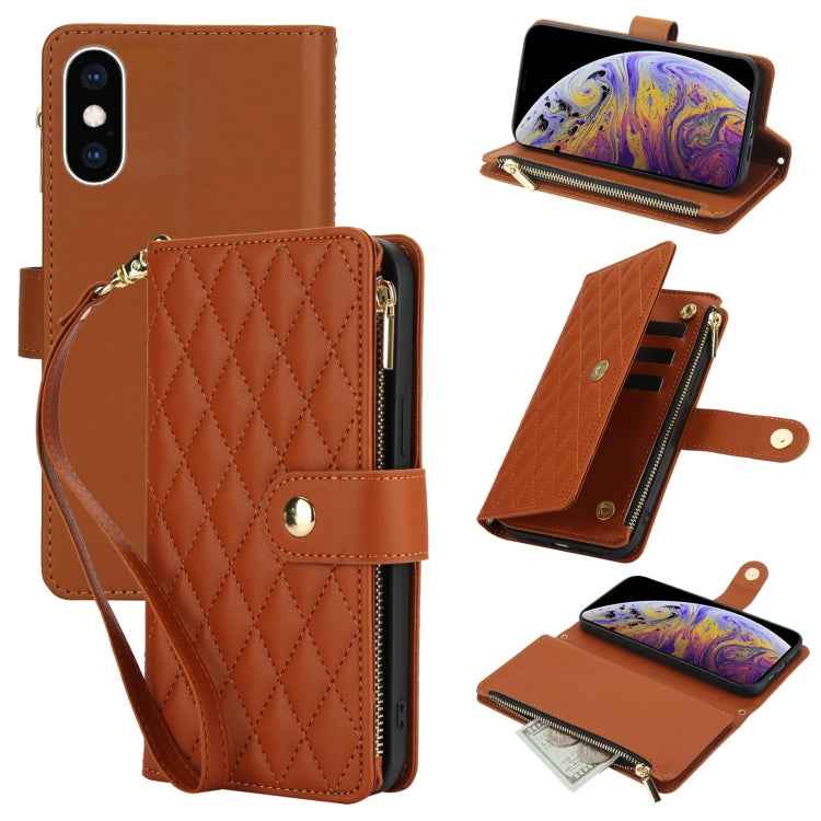 YM016 Rhombic Zipper Card Wallet Leather Phone Case with Lanyard