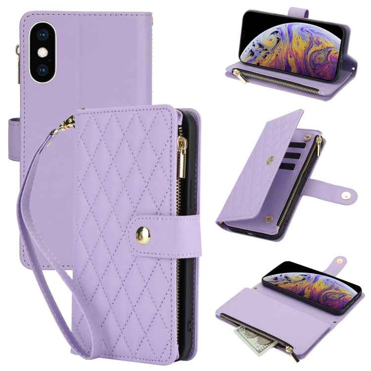 YM016 Rhombic Zipper Card Wallet Leather Phone Case with Lanyard