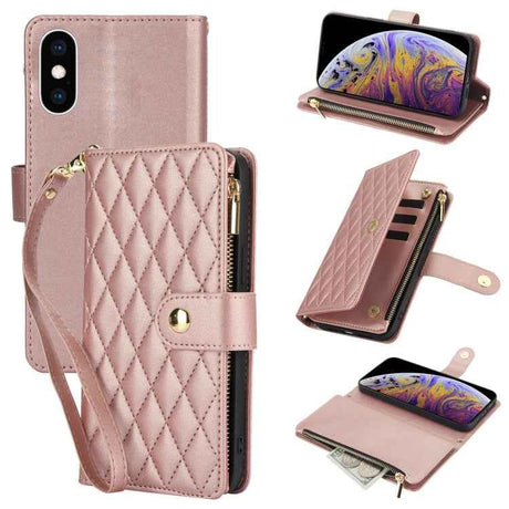 YM016 Rhombic Zipper Card Wallet Leather Phone Case with Lanyard