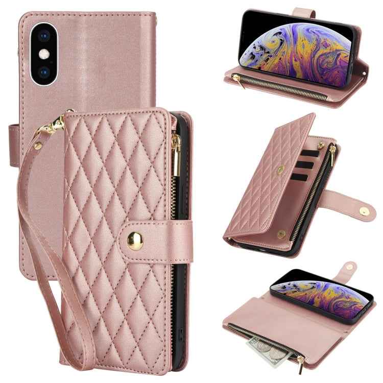 YM016 Rhombic Zipper Card Wallet Leather Phone Case with Lanyard
