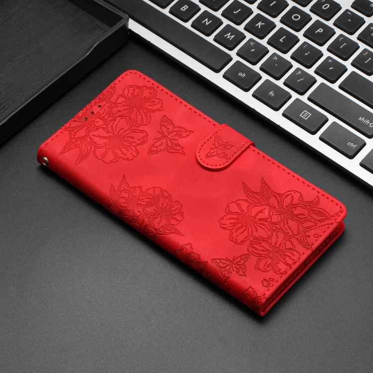Cherry Blossom Butterfly Skin Feel Embossed PU Phone Case