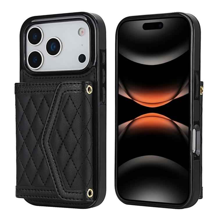 Splicing Rhombic Texture Card Bag Phone Case with Long Lanyard