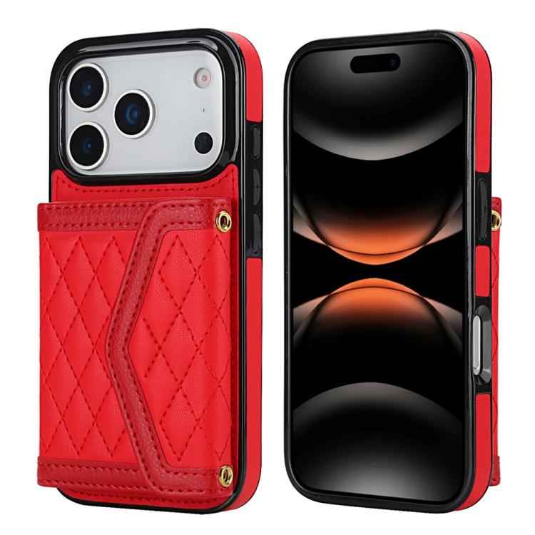 Splicing Rhombic Texture Card Bag Phone Case with Long Lanyard