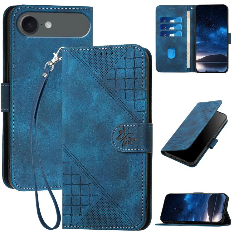 YX0080 Grid Butterfly Embossed Pattern Flip Leather Phone Case with Lanyard