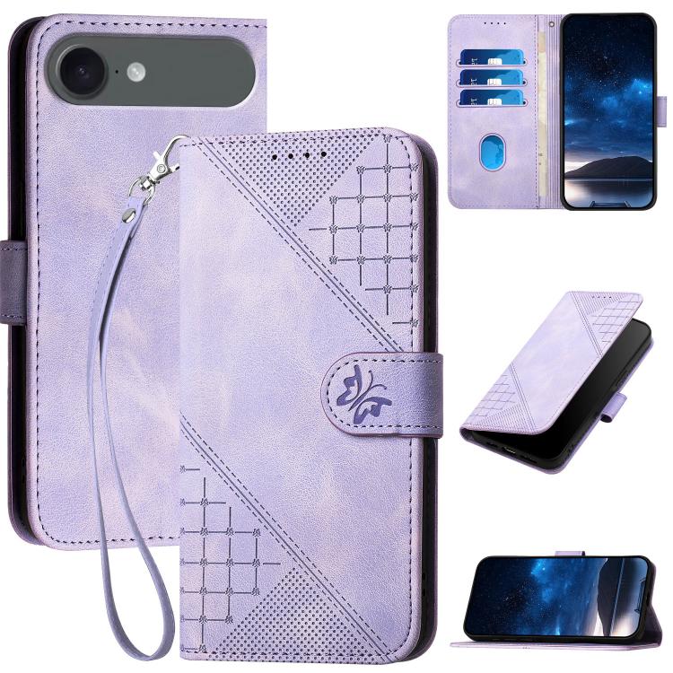 YX0080 Grid Butterfly Embossed Pattern Flip Leather Phone Case with Lanyard