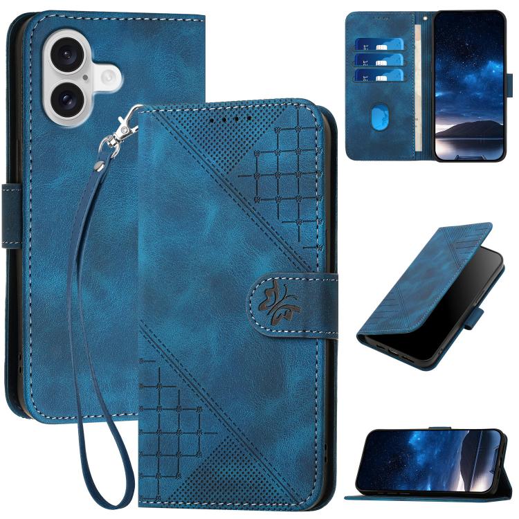 YX0080 Grid Butterfly Embossed Pattern Flip Leather Phone Case with Lanyard