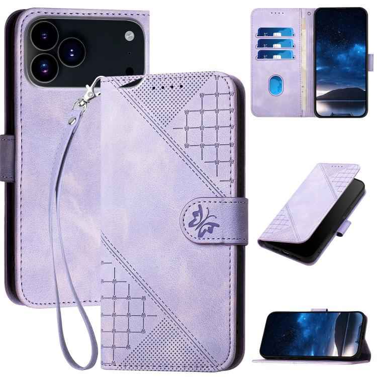 YX0080 Grid Butterfly Embossed Pattern Flip Leather Phone Case with Lanyard