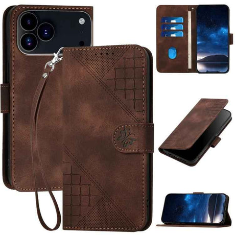 YX0080 Grid Butterfly Embossed Pattern Flip Leather Phone Case with Lanyard