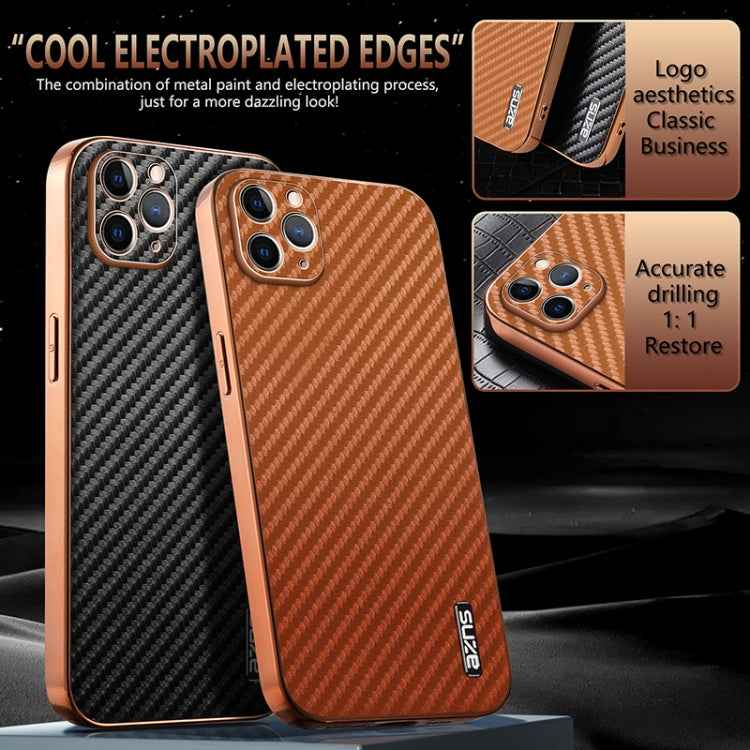 AZNS Electroplated Edge Carbon Fiber Texture Phone Case, For iPhone 11 Pro