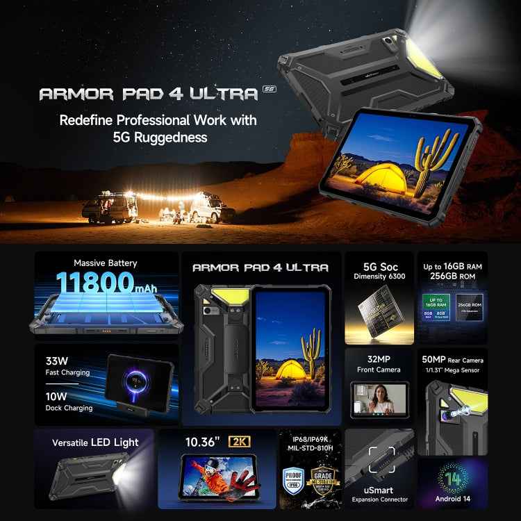Ulefone Armor Pad 4 Ultra Rugged Tablet PC, 10.36 inch Android 14 MediaTek Dimensity 6300 Octa Core 5G Network, EU Plug