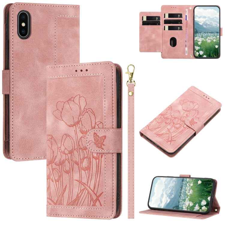 Tulips Embossed Leather Phone Case with Lanyard