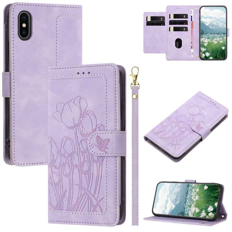 Tulips Embossed Leather Phone Case with Lanyard
