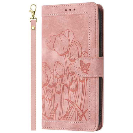 Tulips Embossed Leather Phone Case with Lanyard