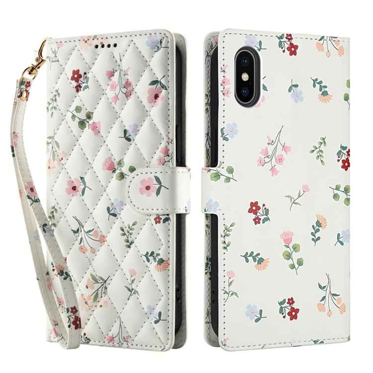 Flower Pattern Buckle Leather Phone Case with Lanyard