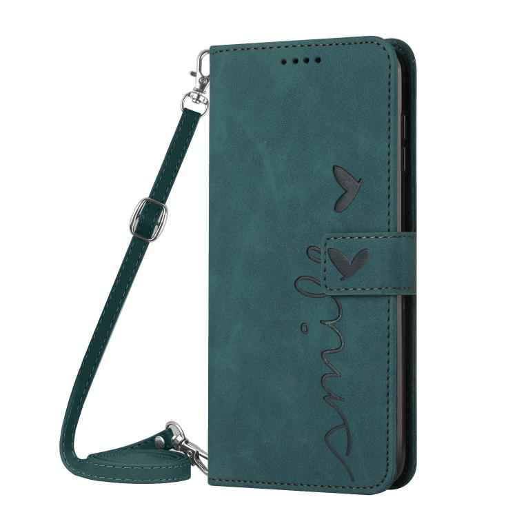 Skin Feel Heart Embossed Leather Phone Case with Long Lanyard