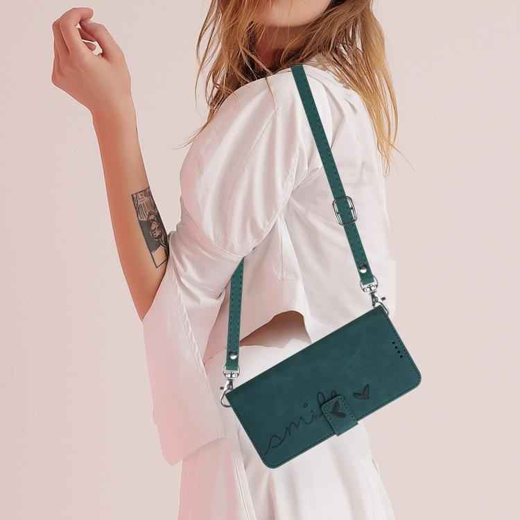 Skin Feel Heart Embossed Leather Phone Case with Long Lanyard