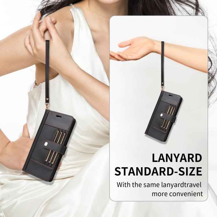Six Card Slots Buckle Leather Phone Case with Lanyard
