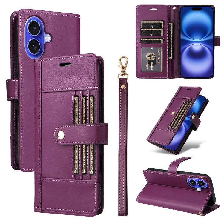 Six Card Slots Buckle Leather Phone Case with Lanyard