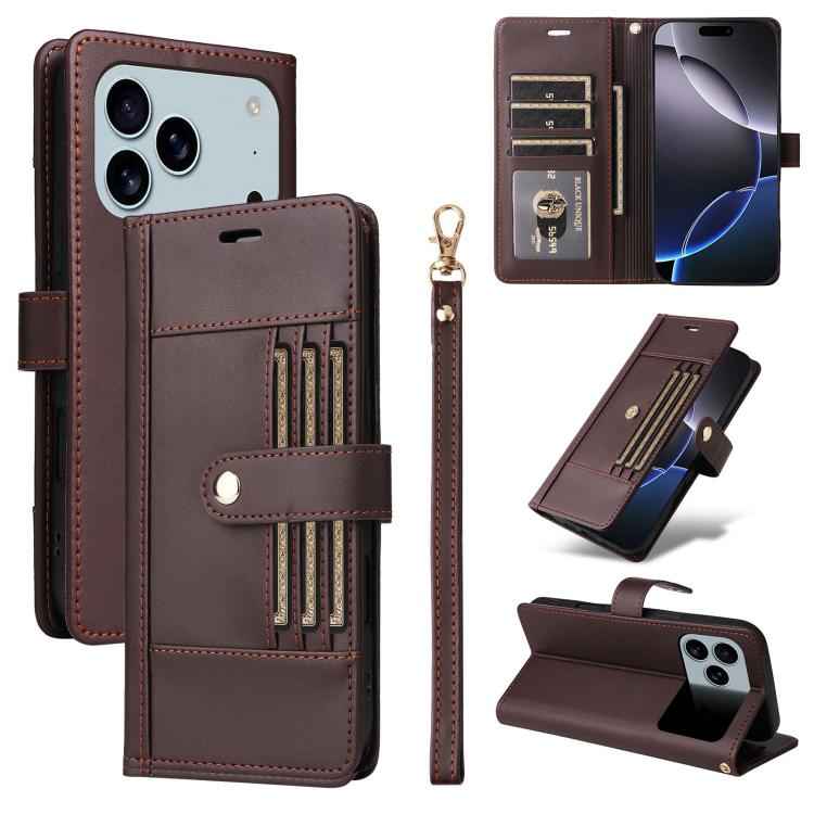 Six Card Slots Buckle Leather Phone Case with Lanyard