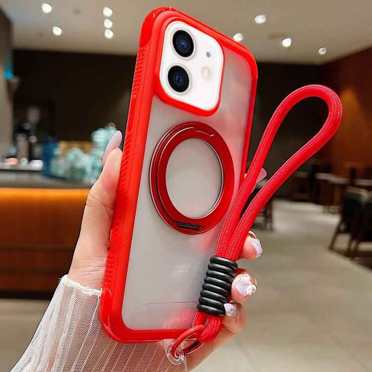 Solid Color Edge Transparency Rotation Holder MagSafe Phone Case with Wrist Strap