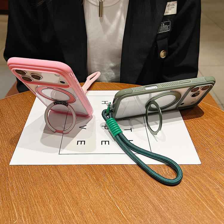 Solid Color Edge Transparency Rotation Holder MagSafe Phone Case with Wrist Strap